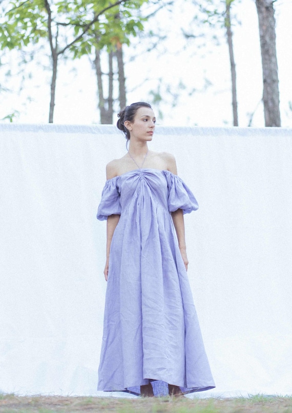 Off-Shoulder Dress-Long Linen Maxi Dress-Lavender Linen Dresses for Women