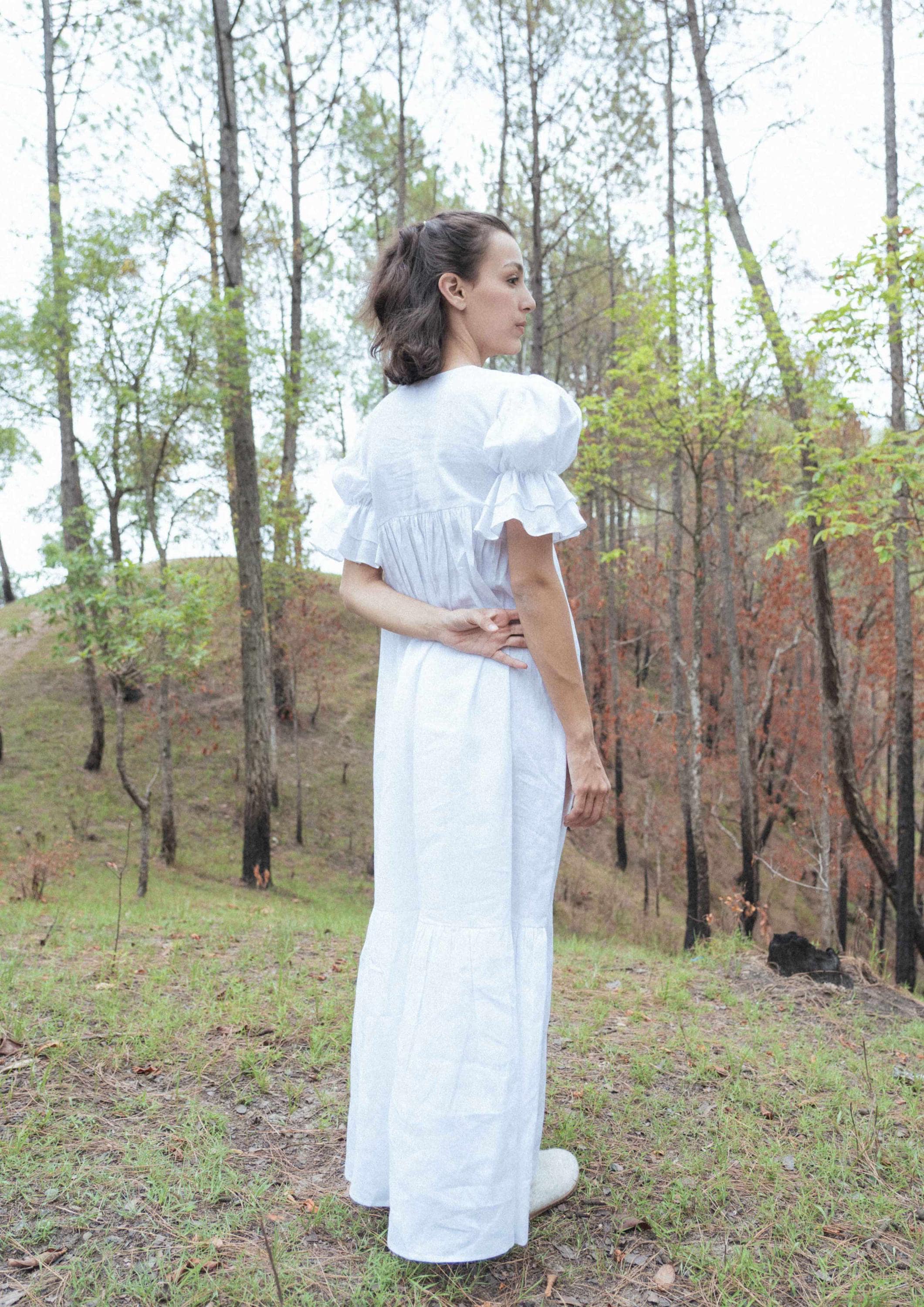 White Linen Maxi Dress - Empire Waist, Ruffle Sleeves