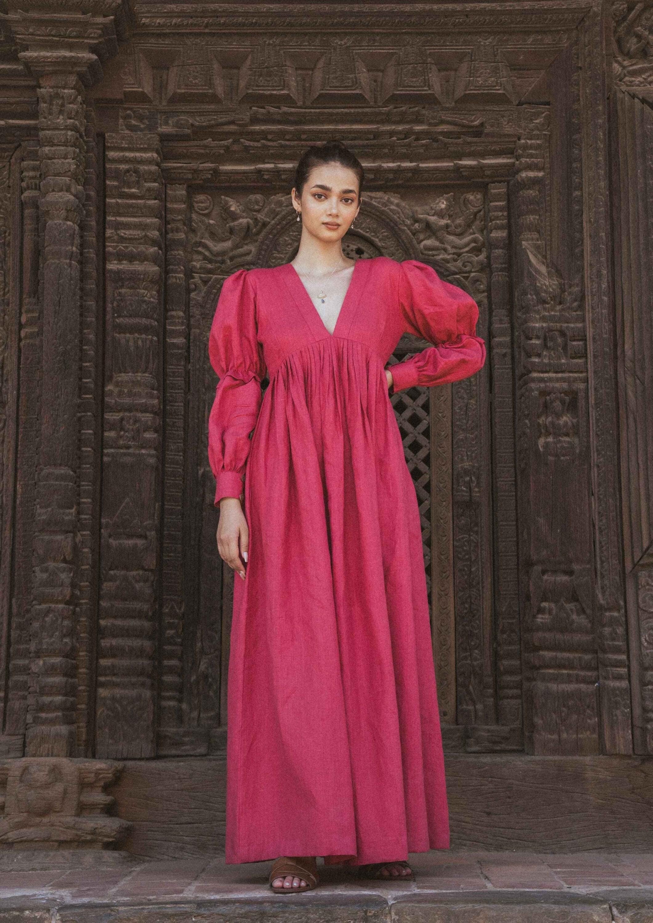 Magenta Pink Linen Maxi Dress - Empire Waist Puff Sleeve Gown