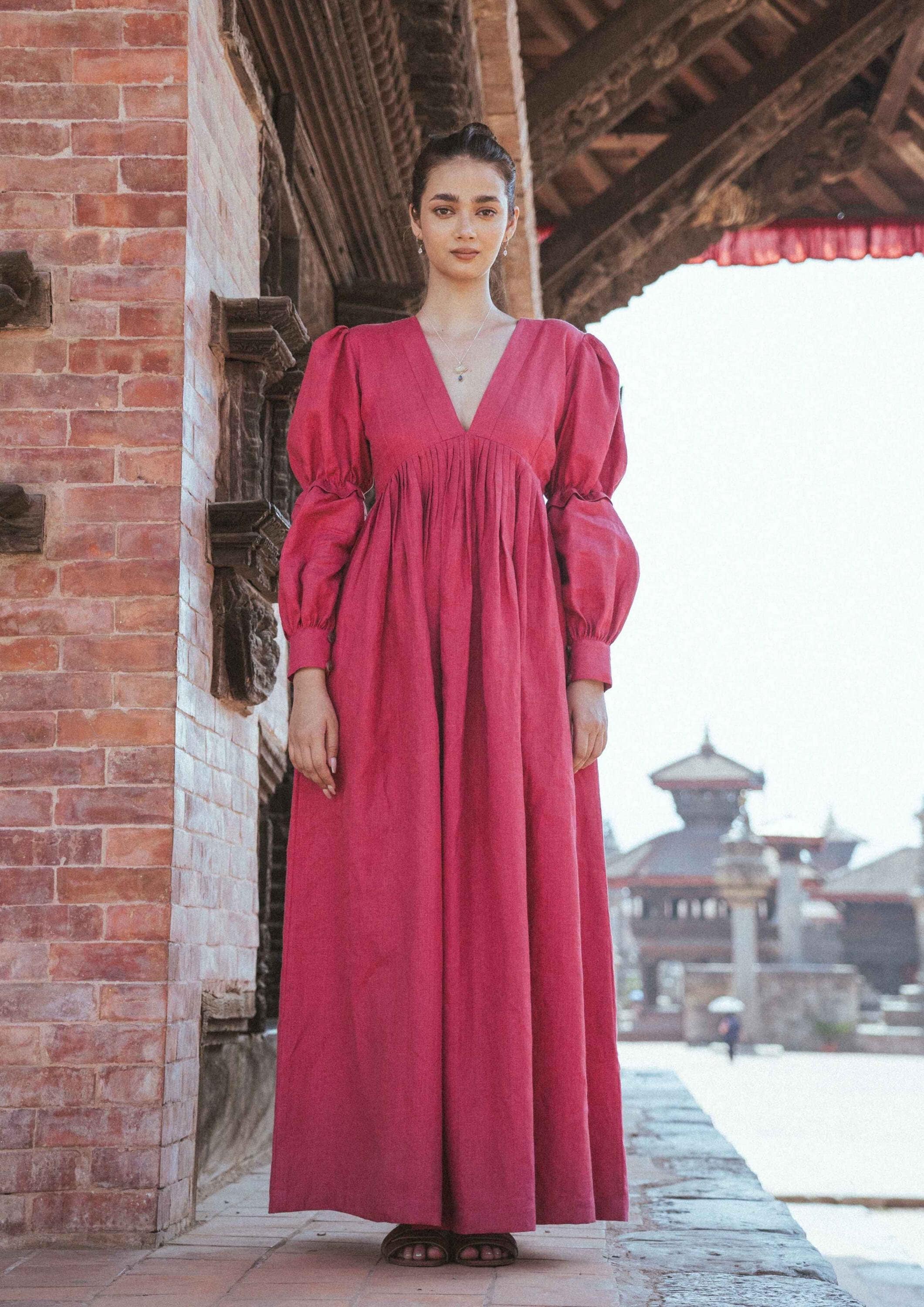 Magenta Pink Linen Maxi Dress - Empire Waist Puff Sleeve Gown
