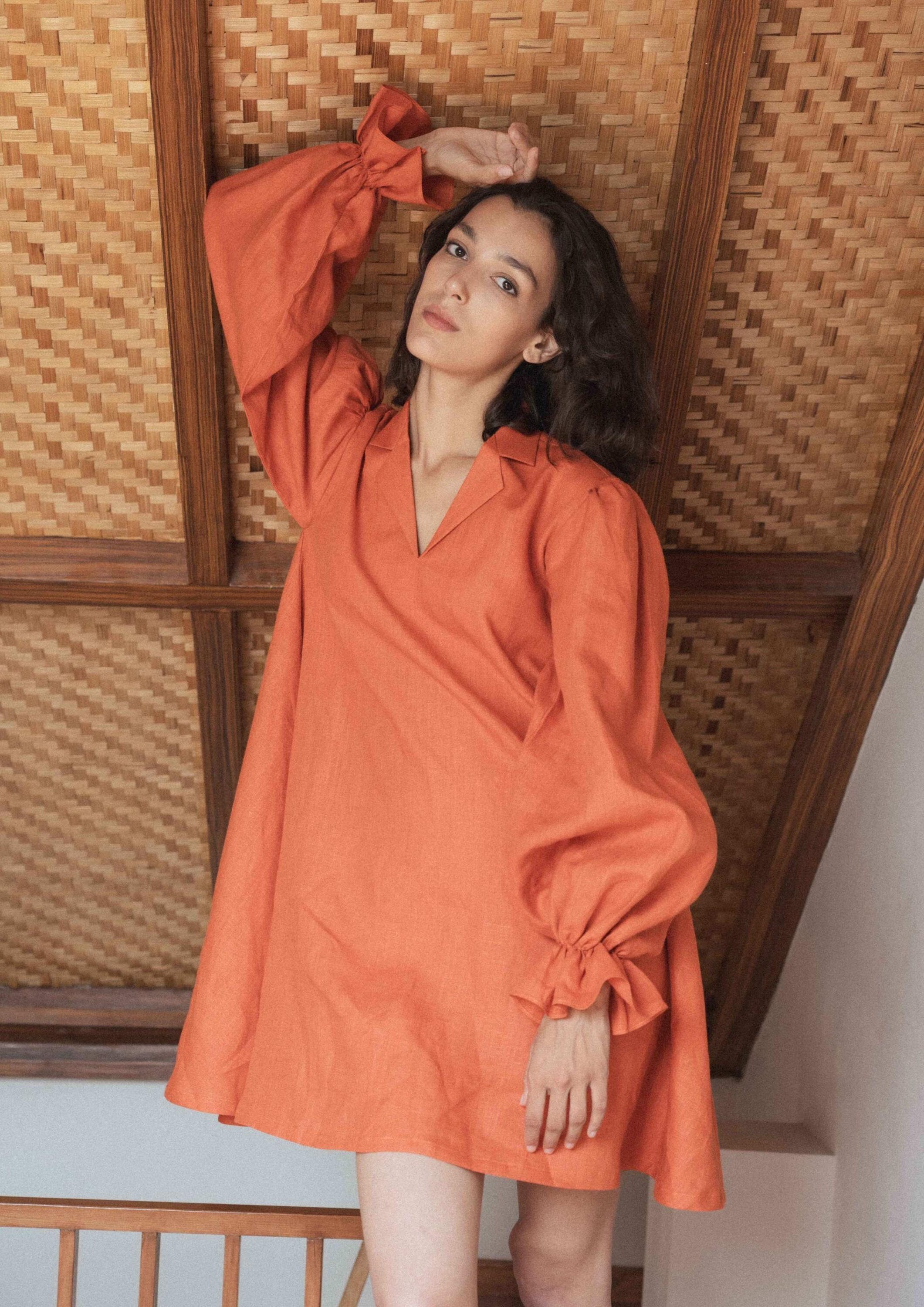 orange linen mini dress Brunt Orange Linen Mini Dress: Long Sleeve Swing Cocktail Dress
