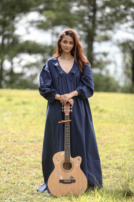 lady in a blue dress acoustic Handmade Navy Linen Maxi Dress: Ruffle V-Neck Cottagecore Gown