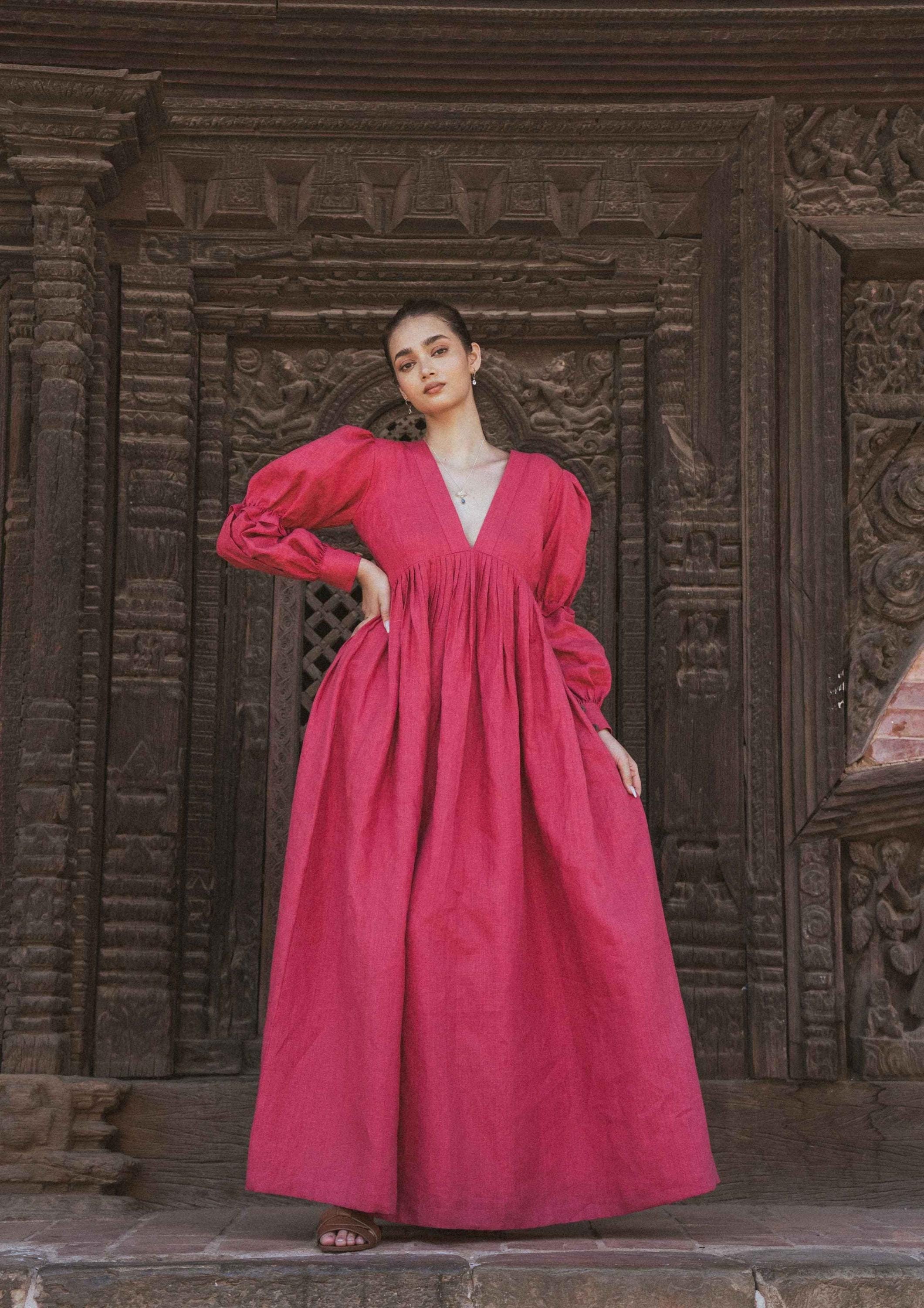 Magenta Pink Linen Maxi Dress Empire Waist Puff Sleeve Gown - Etsy Magenta Pink Linen Maxi Dress Empire Waist Puff Sleeve Gown - Etsy