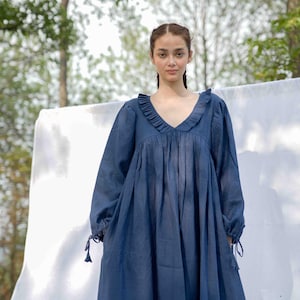 Linen Maxi Dress: Navy Blue Boho Long Sleeve Dress