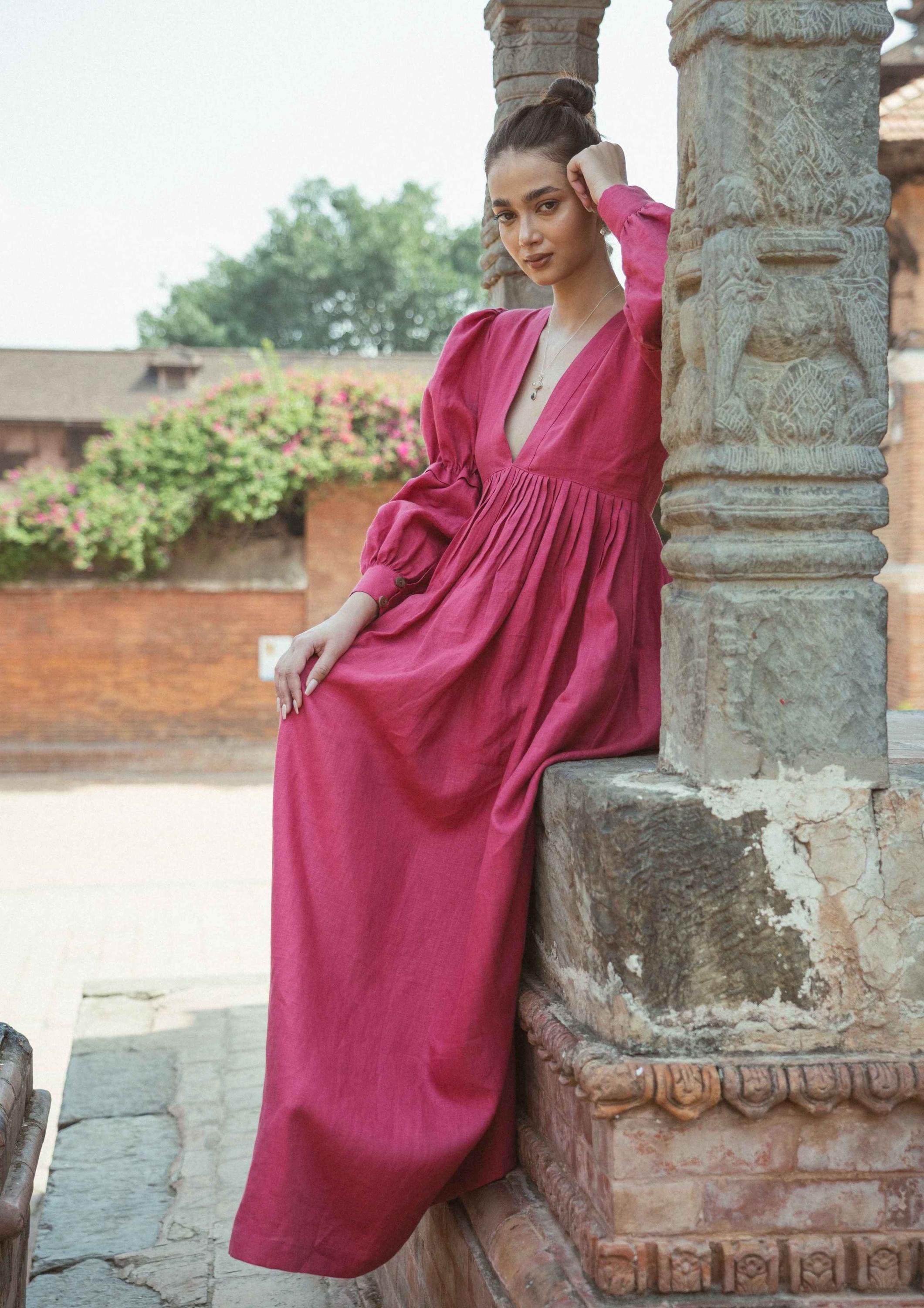 Magenta Pink Linen Maxi Dress Empire Waist Puff Sleeve Gown - Etsy Magenta Pink Linen Maxi Dress Empire Waist Puff Sleeve Gown - Etsy