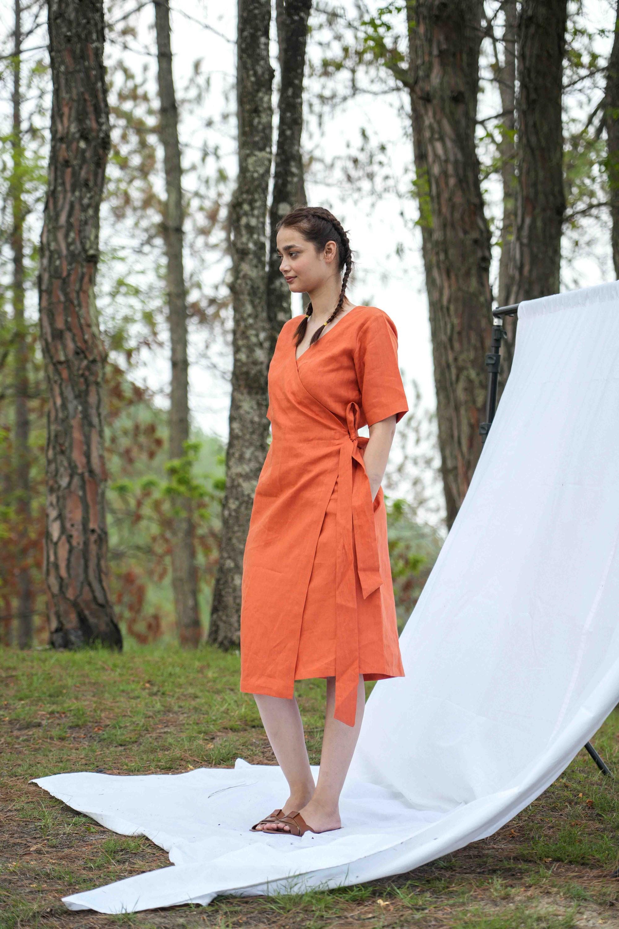 knee length dresses for ladies Junin Orange Short Sleeve Wrap Midi Dress main image 1