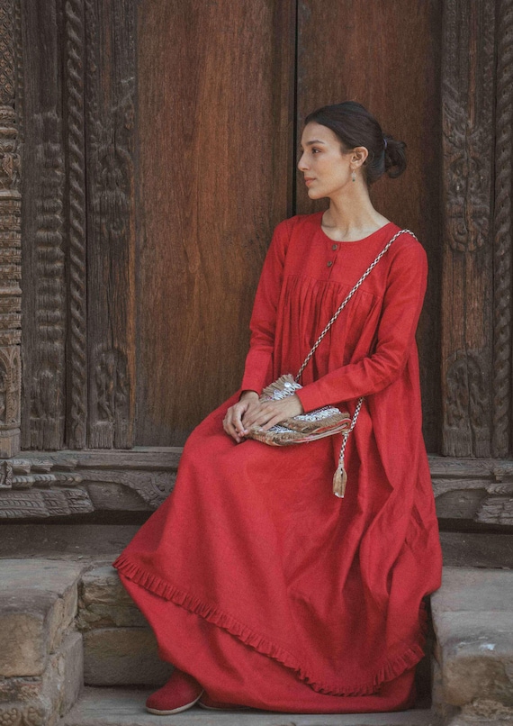 Red Linen Maxi Dress: Long Sleeve Loose Fit Summer Gown Red Linen Maxi Dress: Long Sleeve Loose Fit Summer Gown