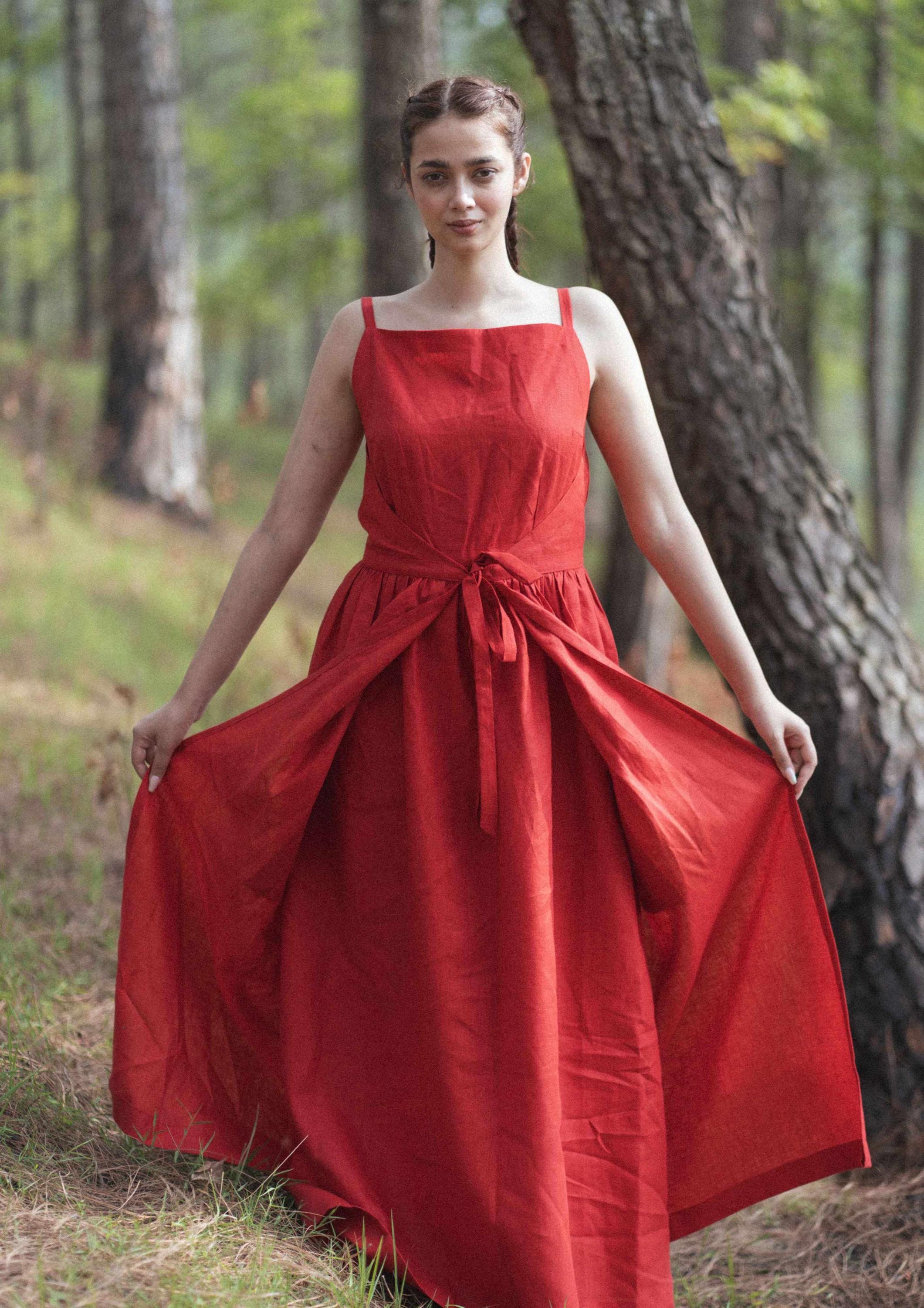 Red Linen Maxi Dress: Square Neck Sundress with Pockets