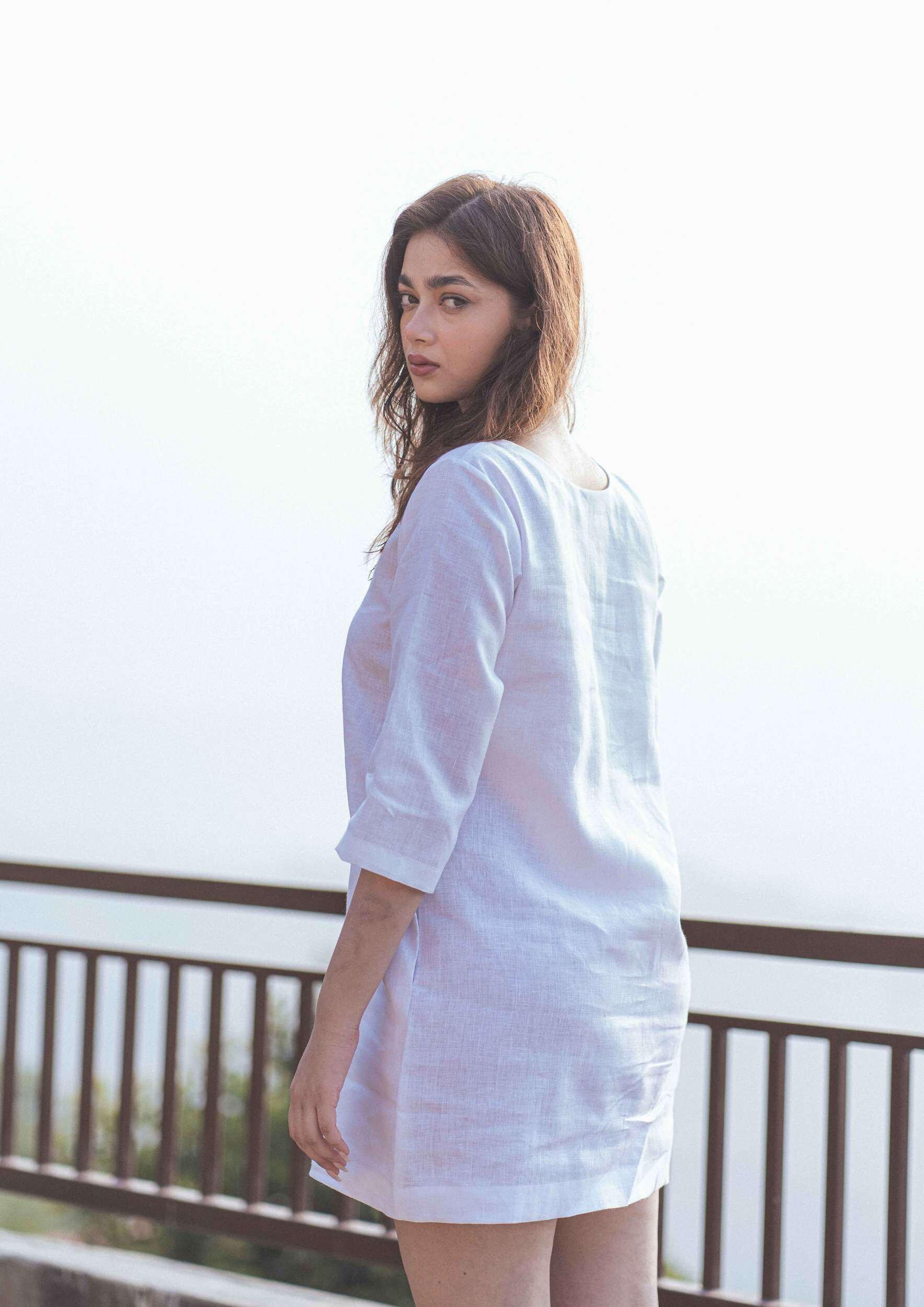 White Linen Shift Dress - Minimalist Mini Dress with Pockets | 3/4 Sleeve, Relaxed Fit, Handmade in Nepal | Summer Casual Outfit White Linen Shift Dress - Minimalist Mini Dress with Pockets | 3/4 Sleeve, Relaxed Fit, Handmade in Nepal | Summer Casual Outfit