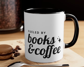 Fueled by Books & Coffee Accent Coffee Mug | book addict, book lover coffee mug, bookish gift for her, gift, booktok, bookish mug, cute mug