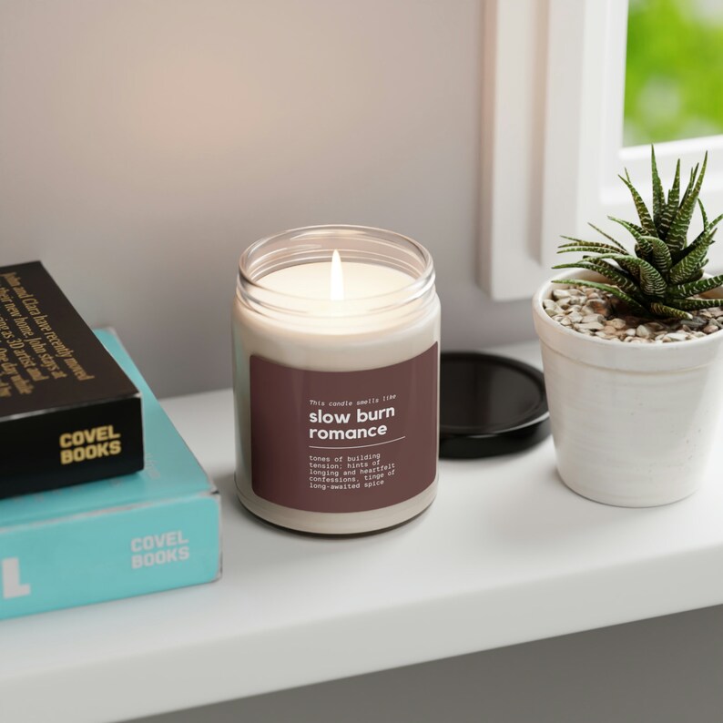 Vela de soja perfumada con tropos de libros y romance de combustión lenta / regalo para ella, regalo para lectores, vela para amantes de los libros, remera con tropos de libros, vela literaria imagen 4