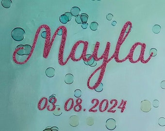 Iron-on image for school cones/name and date/glitter