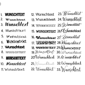 Könnte beinhalten: Ein Schwarzweißbild mit 33 verschiedenen Variationen des Wortes "Wunschtext" in verschiedenen Schriftarten und Stilen. Das Wort ist von 1 bis 33 nummeriert.