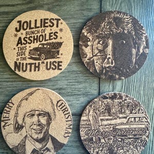 Clark Griswold Christmas Vacation Cork Coasters – Set of 4 Funny Christmas Movie Quotes, Holiday Drink Coasters, Christmas Table Decor