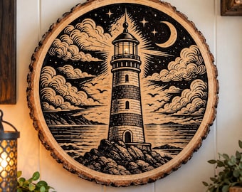 May include: A circular wood slice wall art piece featuring a black ink illustration of a lighthouse on a rocky shore. The scene includes a crescent moon, stars, and clouds above a calm sea. The natural bark edge remains on the wood.