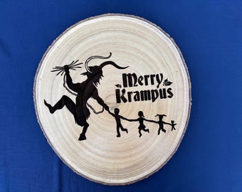 Merry Krampus Wood Slice Sign – Laser Engraved Funny Christmas Horror Decor – Silhouette Style Holiday Wall Art