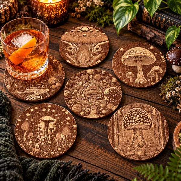 Mushroom Cork Coasters – Set of 6 | Laser Engraved Fungi Art | Earthy Hippy Bar Décor | Cottagecore Gift | Mushroom Lover | Mushroom Decor