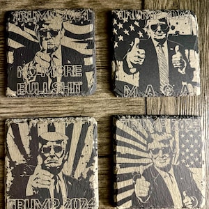Trump Slate Coaster Set of 4 – Trump 2024 Decor – MAGA Gift – Donald Trump Drink Coasters – Patriotic Slate Coasters – America First Home Ba