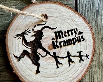 Merry Krampus Ornament – Horror Krampus Gift Tag, Rustic Wood Christmas Tree Ornament, Wine Tag, Scary Holiday Decor