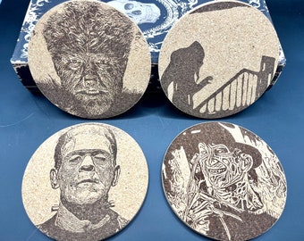 Monster Coaster Set 4, Halloween Horror Coasters , Bar and Drink Spooky Decor, Frankenstein, Dracula, Wolfman, Freddy Krueger, Monster decor