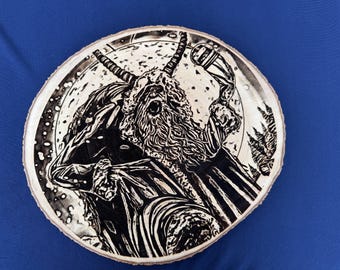 Krampus Wood Slice Sign – Laser Engraved Rustic Christmas Wall Art – Horror Holiday Decor