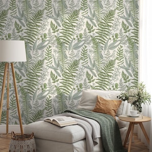 Fern Botanical Wallpaper, Foliage Wallpaper Peel and Stick, Botanic Plants Removable Wall Mural, Green Leaves Self Adhesive Wallpaper