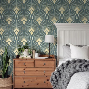 Green and Gold Art Deco Self Adhesive Wallpaper, Peel and Stick and Traditional Wallpaper, Bedroom Wallpaper, Removable Luxury Wall Decor