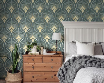 Green and Gold Art Deco Self Adhesive Wallpaper, Peel and Stick and Traditional Wallpaper, Bedroom Wallpaper, Removable Luxury Wall Decor