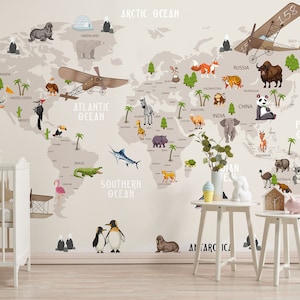Child World Map Wallpaper, Kids Wallpaper Peel and Stick, Nursery Wall Mural, Cute World Map with Animals Removable Wallpaper, Self Adhesive