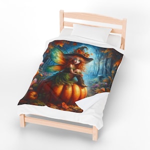 Autumn Fairy Velveteen Plush Blanket, Cozy Throw for Fall Decor, Halloween Gift, Magical Home Accessory, Pumpkin Artwork