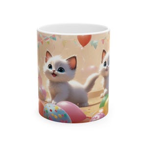 Birthday Party Kittens Ceramic Mug | Cute Cat Mug, Birthday Gift, Coffee Cup, Pet Lover Accessory, Home Decor