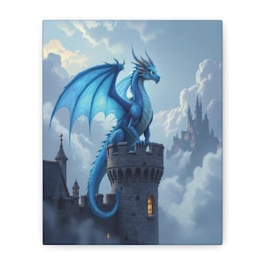 Fantasy Dragon Canvas Art, Blue Dragon Print, Wall Decor for Home, Gift for Fantasy Lovers, Medieval Themed Artwork