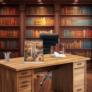 May include: A rectangular print featuring a ginger kitten sitting in a pumpkin patch, displayed on a wooden desk. The desk includes a pencil holder with colored pencils, a small stack of books, and an open book, set against a library background.