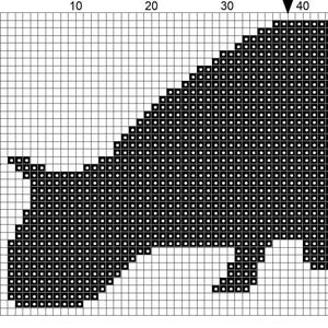 May include: A black and white cross-stitch pattern of a rhinoceros. The design is composed of small, square pixels, creating a pixelated image of the animal. The rhinoceros is depicted in profile, with its horn and body clearly outlined.