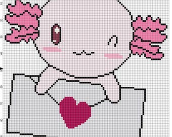 Patrón de punto de cruz imprimible de ajolote con carta de amor: Ajolote del Día de San Valentín