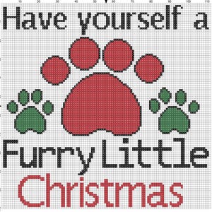 Könnte beinhalten: Kreuzstichmuster mit dem Text "Have yourself a Furry Little Christmas." Das Design zeigt einen großen roten Pfotenabdruck, umgeben von kleineren grünen Pfotenabdrücken und roten Kreisen. Der Text ist in Schwarz und Rot.