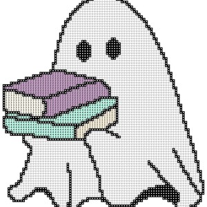May include: A cross-stitch pattern featuring a white ghost figure outlined in black. The ghost holds a stack of books with purple, light green, and beige covers. The entire design is composed of a grid of small heart symbols and numbered color codes.