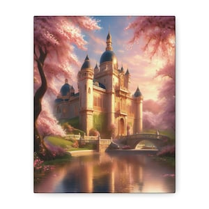 Cherry Blossom Castle Canvas Print, Fantasy Fairytale Wall Art, Home Decoration