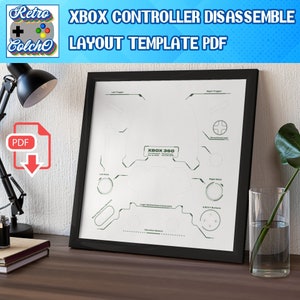 May include: A framed Xbox controller disassemble layout template PDF. The white template features green outlines and labels for controller components. The frame is black, and the image includes the text "XBOX CONTROLLER DISASSEMBLE LAYOUT TEMPLATE PDF".