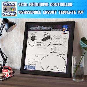 Puede incluir: Un diagrama en blanco y negro enmarcado de un controlador Sega Mega Drive, con etiquetas como "Frontal", "Placa" y "Trasera". La imagen incluye el texto "SEGA MEGA DRIVE CONTROLLER DISASSEMBLE LAYOUT TEMPLATE PDF."