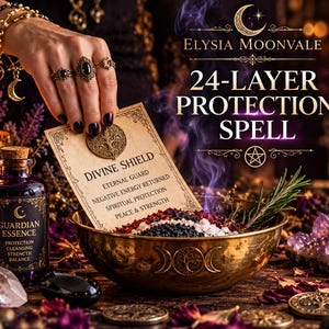 Puede incluir: Una tarjeta rectangular etiquetada como Divine Shield con texto que incluye Eternal Guard, Negative Energy Returned, Spiritual Protection, Peace & Strength, sostenida sobre un cuenco de latón con sal y hierbas, junto a una botella morada Guardian Essence.
