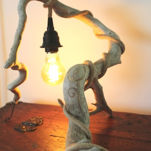Peut inclure: Une lampe en bois flotté unique avec une ampoule chaleureuse et brillante. La lampe présente un cadre en bois naturel et vieilli, orné de détails en corde. L'ampoule est suspendue au cadre, créant un luminaire rustique et artistique.