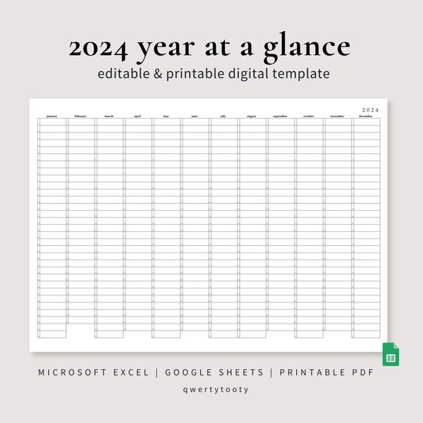 Printable Yearly Planner Calendar 2024, Minimalist Productivity Planner, Yearly Overview, Year At-A-Glance 2024, The Trident Calendar System