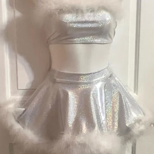 Silver White Feather Rave Set – Sparkly Crop Top and Fluffy Trim Mini ...