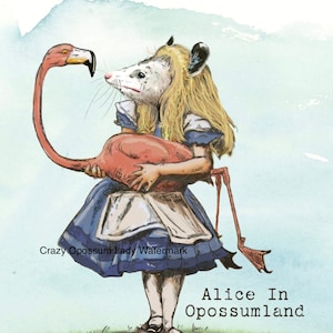 Print :  Alice in Wonderland with Flamingo Opossum Classic Vintage Painting Possum Wildlife Art, Rehab Animal, Woodland Watercolor Print