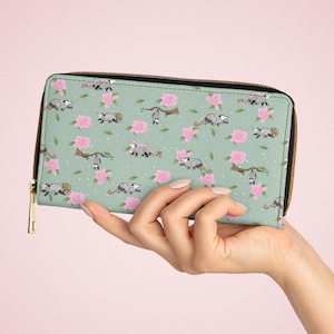 Monedero con cremallera: Monedero con diseño de zarigüeyas y flores, monedero con diseño de zarigüeya con flores rosas.
