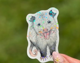 Glitter Screaming Opossum Sticker: Vinyl Wildlife Art