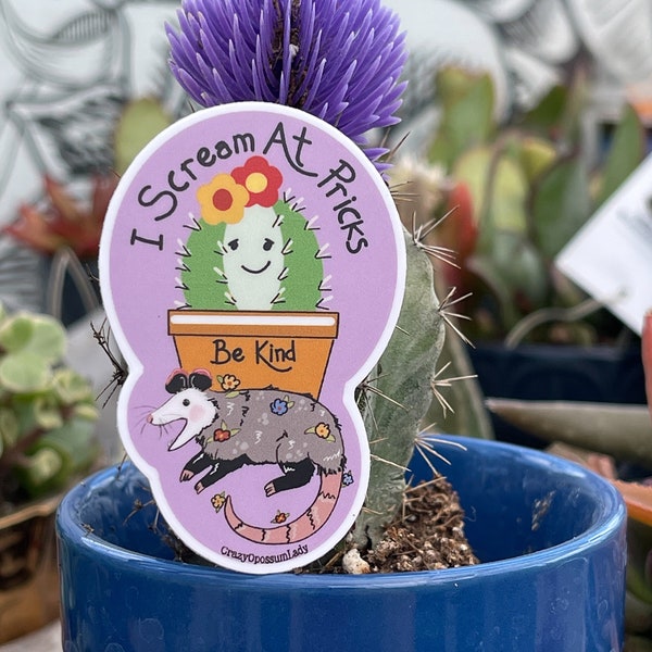 Sticker : I Scream At Pricks ( Cactus ) Opossum Possum Opossum Planner, Craft, Vinyl Art Sticker, Wildlife, Animal Rehab, Animal Lover