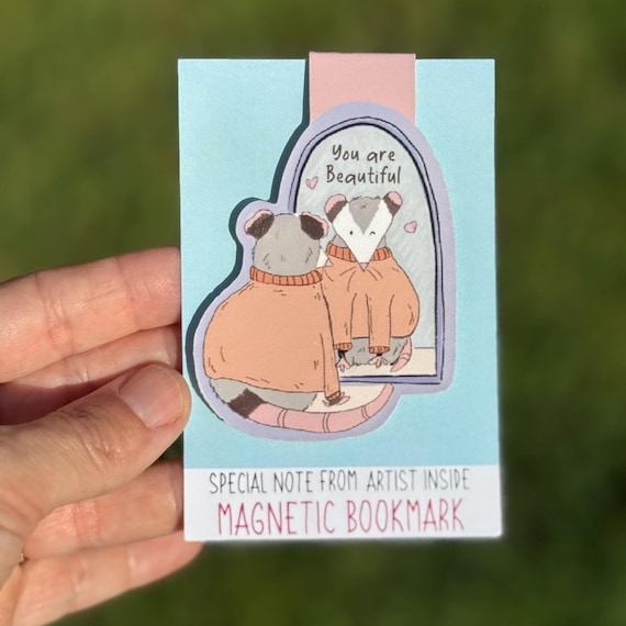 Magnetic Opossum Bookmark – You Are Beautiful Self Reflection : Message Inside, Cute Opossum Gift for Book Lovers,  Magnetic Page Holder