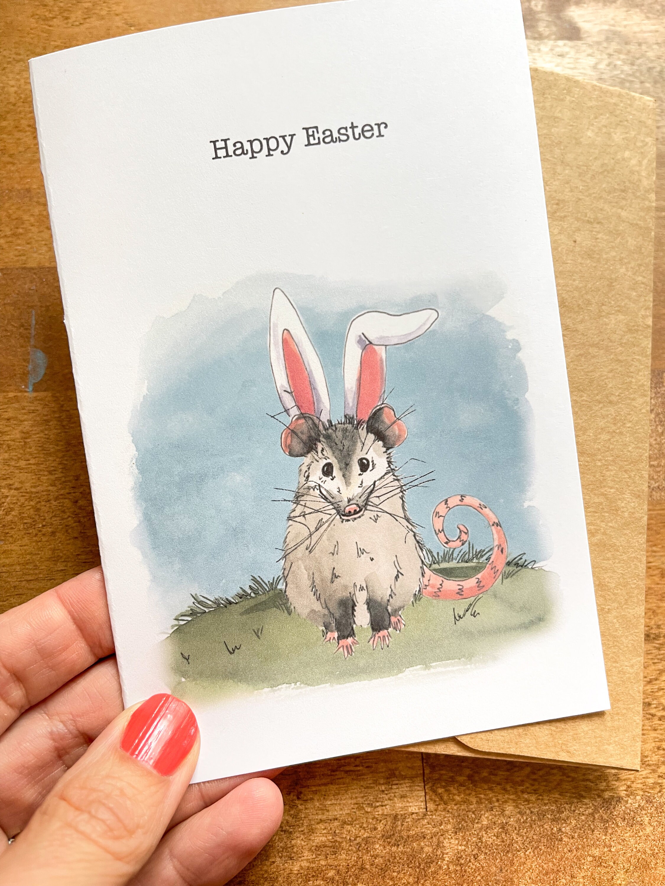Happy Easter Opossum Bunny Ears Greeting Card: Woodland Easter